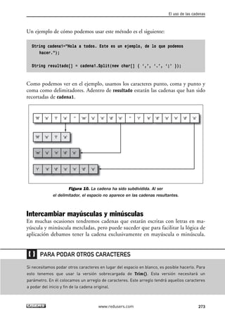 Un ejemplo de cómo podemos usar este método es el siguiente:
String cadena1=”Hola a todos. Este es un ejemplo, de lo que podemos
hacer.”);
String resultado[] = cadena1.Split(new char[] { ‘,’, ‘.’, ‘;’ });
Como podemos ver en el ejemplo, usamos los caracteres punto, coma y punto y
coma como delimitadores. Adentro de resultado estarán las cadenas que han sido
recortadas de cadena1.
Figura 10. La cadena ha sido subdividida. Al ser
el delimitador, el espacio no aparece en las cadenas resultantes.
Intercambiar mayúsculas y minúsculas
En muchas ocasiones tendremos cadenas que estarán escritas con letras en ma-
yúscula y minúscula mezcladas, pero puede suceder que para facilitar la lógica de
aplicación debamos tener la cadena exclusivamente en mayúscula o minúscula.
'H' 'o' 'l' 'a'
'H' 'o' 'l' 'a'
'' '''m' 'u' 'n' 'd' 'o'
'm' 'u' 'n' 'd' 'o'
'r' 'n''o''e' 'd' 'o''d'
'r' 'n''o''e' 'd' 'o''d'
El uso de las cadenas
273www.redusers.com
Si necesitamos podar otros caracteres en lugar del espacio en blanco, es posible hacerlo. Para
esto tenemos que usar la versión sobrecargada de Trim(). Esta versión necesitará un
parámetro. En él colocamos un arreglo de caracteres. Este arreglo tendrá aquellos caracteres
a podar del inicio y fin de la cadena original.
PARA PODAR OTROS CARACTERES
08_C#2010_AJUSTADO.qxd 8/9/10 11:23 AM Page 273
 