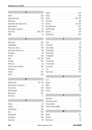 O
Open 363
OpenOrCreate 363
Operador 49
Operador de asignación 45
Operadores 73
Orientado a objetos 34
Override 287, 297
OWL 14
P
PadLeft() 270
PadRight() 271
Paso por copia 178
Paso por referencia 178
Passport 18
Peek() 244
Pop 233, 235
Private 281
Proceso 62
Protección de datos 329
Proyecto 19
Public 281
Push 233
R
ReadLine() 56, 172
Recolector de basura 17
Recursión 183
RemoveAt() 223
Replace() 271
Runtime 14
S
Sbyte 44
Seek() 354
SeekOrigin 353
Set 329
SetValue() 239
Singleton 338
Solución 20
Split() 272
Stack 232
Static 149, 154
Streams 350
String 45, 256
StringBuilder 261
SubString() 265
Switch 105
System.IO 364
T
Tipo 43
Toint32() 57
ToLower() 273
ToSingle() 58
ToString() 256
ToUpper() 274
Trim() 275
TrimEnd() 276
TrimStart() 276
Truncate 363
Try 387
Type Cast 312
U
Uint 45
Uling 45
UML 321
Ushort 45
Using 22
V
Variable 42
Vista de clases 28
Visual Basic 14
Visual Studio 2008 18
W
While 141
Write() 41
WriteLine 35
SERVICIOS AL LECTOR
394 www.redusers.com
13_C#2010_REAJUSTADO.qxd 8/9/10 4:36 PM Page 394
 