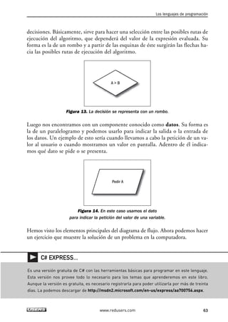 decisiones. Básicamente, sirve para hacer una selección entre las posibles rutas de
ejecución del algoritmo, que dependerá del valor de la expresión evaluada. Su
forma es la de un rombo y a partir de las esquinas de éste surgirán las flechas ha-
cia las posibles rutas de ejecución del algoritmo.
Figura 13. La decisión se representa con un rombo.
Luego nos encontramos con un componente conocido como datos. Su forma es
la de un paralelogramo y podemos usarlo para indicar la salida o la entrada de
los datos. Un ejemplo de esto sería cuando llevamos a cabo la petición de un va-
lor al usuario o cuando mostramos un valor en pantalla. Adentro de él indica-
mos qué dato se pide o se presenta.
Figura 14. En este caso usamos el dato
para indicar la petición del valor de una variable.
Hemos visto los elementos principales del diagrama de flujo. Ahora podemos hacer
un ejercicio que muestre la solución de un problema en la computadora.
Pedir A
A > B
Los lenguajes de programación
63www.redusers.com
Es una versión gratuita de C# con las herramientas básicas para programar en este lenguaje.
Esta versión nos provee todo lo necesario para los temas que aprenderemos en este libro.
Aunque la versión es gratuita, es necesario registrarla para poder utilizarla por más de treinta
días. La podemos descargar de http://msdn2.microsoft.com/en-us/express/aa700756.aspx.
C# EXPRESS...
02_C#2010.qxd 8/6/10 8:16 PM Page 63
 