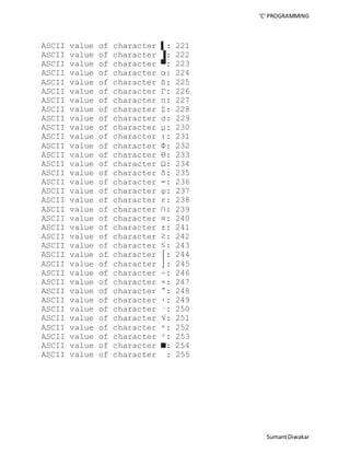 ‘C’ PROGRAMMING 
Sumant Diwakar 
ASCII value of character ▌: 221 
ASCII value of character ▐: 222 
ASCII value of character ▀: 223 
ASCII value of character α: 224 
ASCII value of character ß: 225 
ASCII value of character Γ: 226 
ASCII value of character π: 227 
ASCII value of character Σ: 228 
ASCII value of character σ: 229 
ASCII value of character μ: 230 
ASCII value of character τ: 231 
ASCII value of character Φ: 232 
ASCII value of character Θ: 233 
ASCII value of character Ω: 234 
ASCII value of character δ: 235 
ASCII value of character ∞: 236 
ASCII value of character φ: 237 
ASCII value of character ε: 238 
ASCII value of character ∩: 239 
ASCII value of character ≡: 240 
ASCII value of character ±: 241 
ASCII value of character ≥: 242 
ASCII value of character ≤: 243 
ASCII value of character ⌠: 244 
ASCII value of character ⌡: 245 
ASCII value of character ÷: 246 
ASCII value of character ≈: 247 
ASCII value of character °: 248 
ASCII value of character ∙: 249 
ASCII value of character ·: 250 
ASCII value of character √: 251 
ASCII value of character ⁿ: 252 
ASCII value of character ²: 253 
ASCII value of character ■: 254 
ASCII value of character : 255 
 