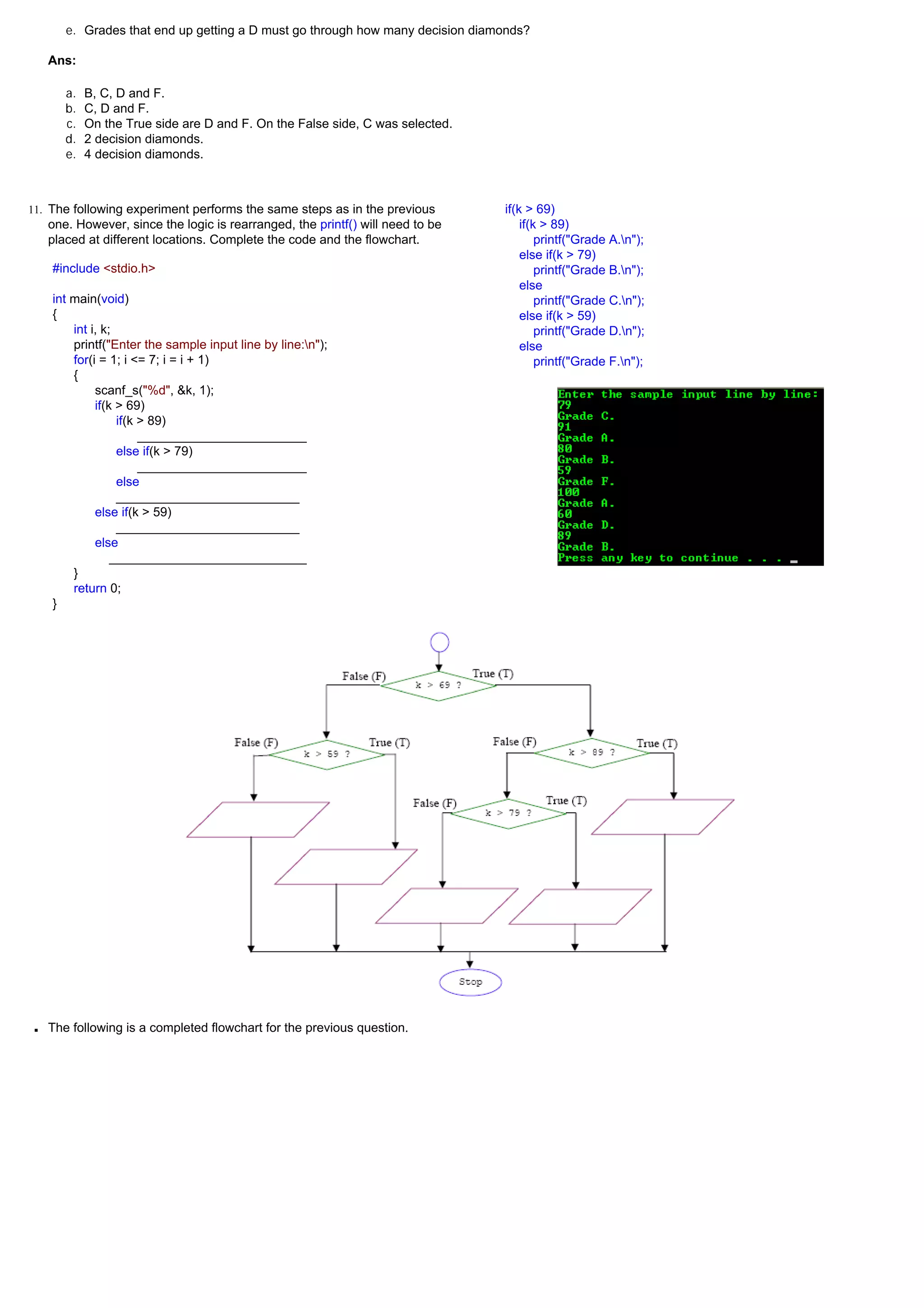 e. Grades that end up getting a D must go through how many decision diamonds?

     Ans:

        a.   B, C, D and F.
        b.   C, D and F.
        c.   On the True side are D and F. On the False side, C was selected.
        d.   2 decision diamonds.
        e.   4 decision diamonds.



11. The following experiment performs the same steps as in the previous          if(k > 69)
     one. However, since the logic is rearranged, the printf() will need to be       if(k > 89)
     placed at different locations. Complete the code and the flowchart.                 printf("Grade A.n");
                                                                                     else if(k > 79)
     #include <stdio.h>                                                                  printf("Grade B.n");
                                                                                     else
     int main(void)                                                                      printf("Grade C.n");
     {                                                                               else if(k > 59)
         int i, k;                                                                       printf("Grade D.n");
         printf("Enter the sample input line by line:n");                           else
         for(i = 1; i <= 7; i = i + 1)                                                   printf("Grade F.n");
         {
              scanf_s("%d", &k, 1);
              if(k > 69)
                   if(k > 89)
                        ________________________
                   else if(k > 79)
                        ________________________
                   else
                   __________________________
              else if(k > 59)
                   __________________________
              else
                  ____________________________
         }
         return 0;
     }




 ■   The following is a completed flowchart for the previous question.
 
