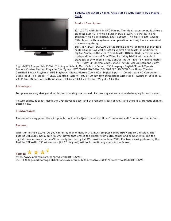 Toshiba 22lv610u 22 Inch 7p Lcd Tv With Built In Dvd Player Black Toshiba 22lv610u 22 Inch 7p Lcd Tv With Built In Dvd Player Black