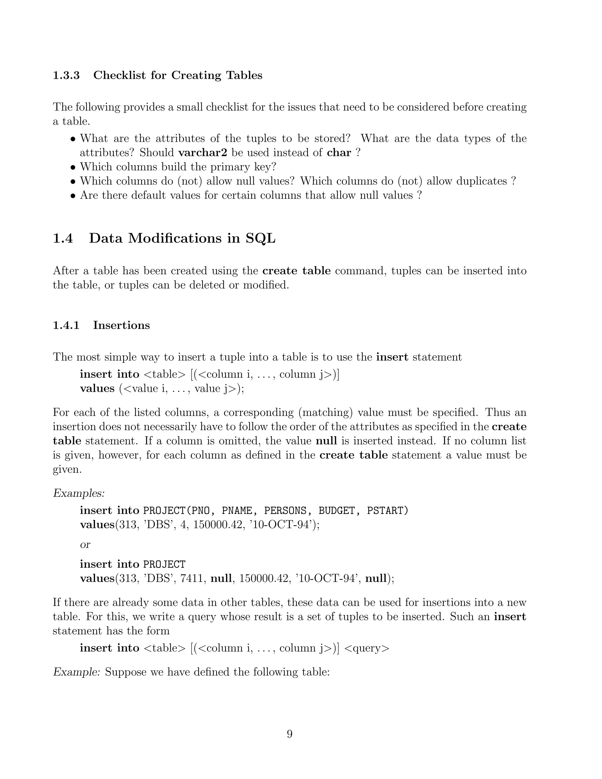 1.3.3      Checklist for Creating Tables

The following provides a small checklist for the issues that need to be considered before creating
a table.
    • What are the attributes of the tuples to be stored? What are the data types of the
      attributes? Should varchar2 be used instead of char ?
    • Which columns build the primary key?
    • Which columns do (not) allow null values? Which columns do (not) allow duplicates ?
    • Are there default values for certain columns that allow null values ?


1.4     Data Modiﬁcations in SQL

After a table has been created using the create table command, tuples can be inserted into
the table, or tuples can be deleted or modiﬁed.


1.4.1      Insertions

The most simple way to insert a tuple into a table is to use the insert statement
    insert into table [(column i, . . . , column j)]
    values (value i, . . . , value j);

For each of the listed columns, a corresponding (matching) value must be speciﬁed. Thus an
insertion does not necessarily have to follow the order of the attributes as speciﬁed in the create
table statement. If a column is omitted, the value null is inserted instead. If no column list
is given, however, for each column as deﬁned in the create table statement a value must be
given.

Examples:
    insert into PROJECT(PNO, PNAME, PERSONS, BUDGET, PSTART)
    values(313, ’DBS’, 4, 150000.42, ’10-OCT-94’);
      or
      insert into PROJECT
      values(313, ’DBS’, 7411, null, 150000.42, ’10-OCT-94’, null);

If there are already some data in other tables, these data can be used for insertions into a new
table. For this, we write a query whose result is a set of tuples to be inserted. Such an insert
statement has the form
      insert into table [(column i, . . . , column j)] query

Example: Suppose we have deﬁned the following table:




                                                9
 