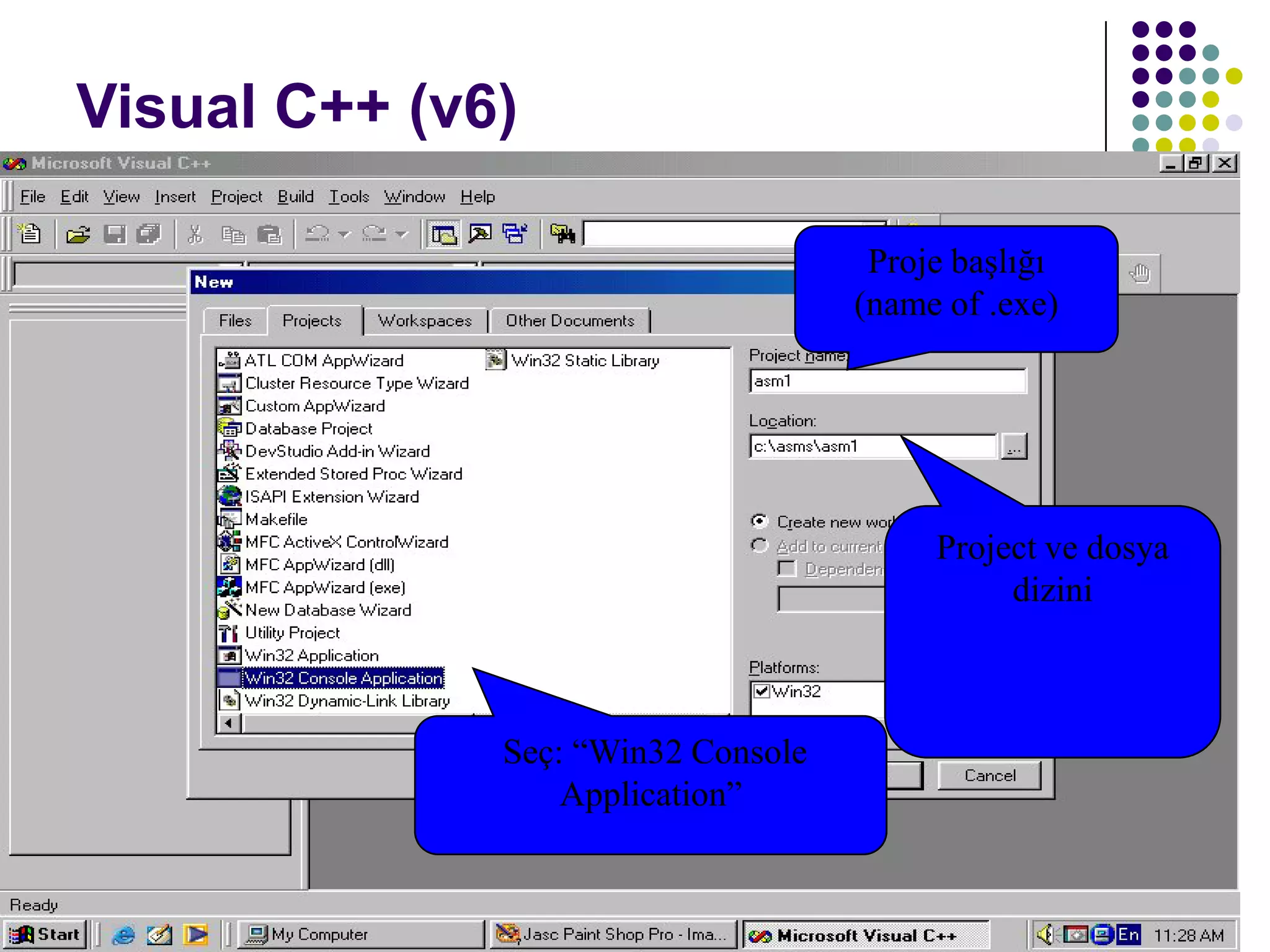C dili ile programlama Turgay ERBAY 59
Visual C++ (v6)
Seç: “Win32 Console
Application”
Project ve dosya
dizini
Proje başlığı
(name of .exe)
 