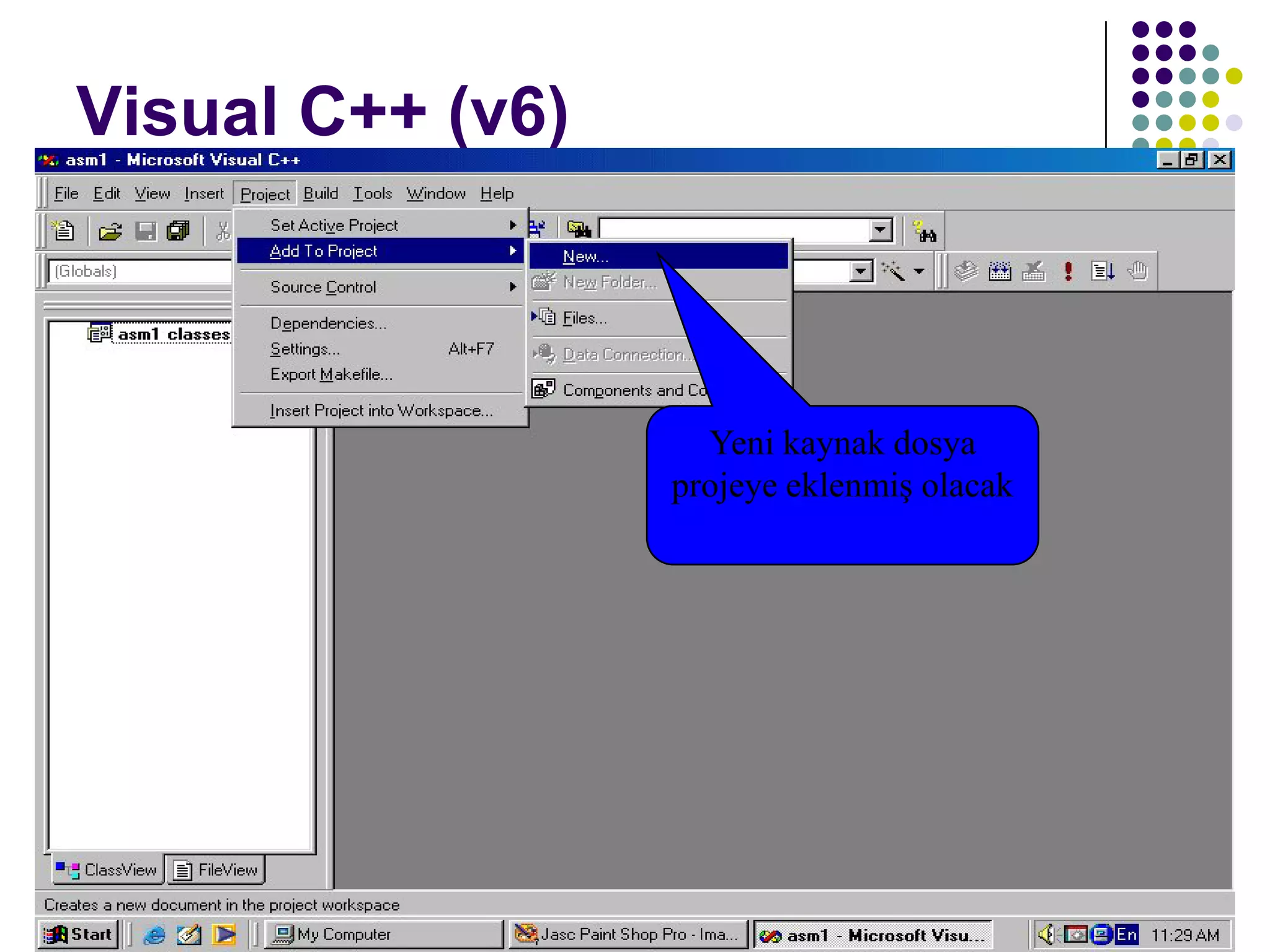 C dili ile programlama Turgay ERBAY 61
Visual C++ (v6)
Yeni kaynak dosya
projeye eklenmiş olacak
 