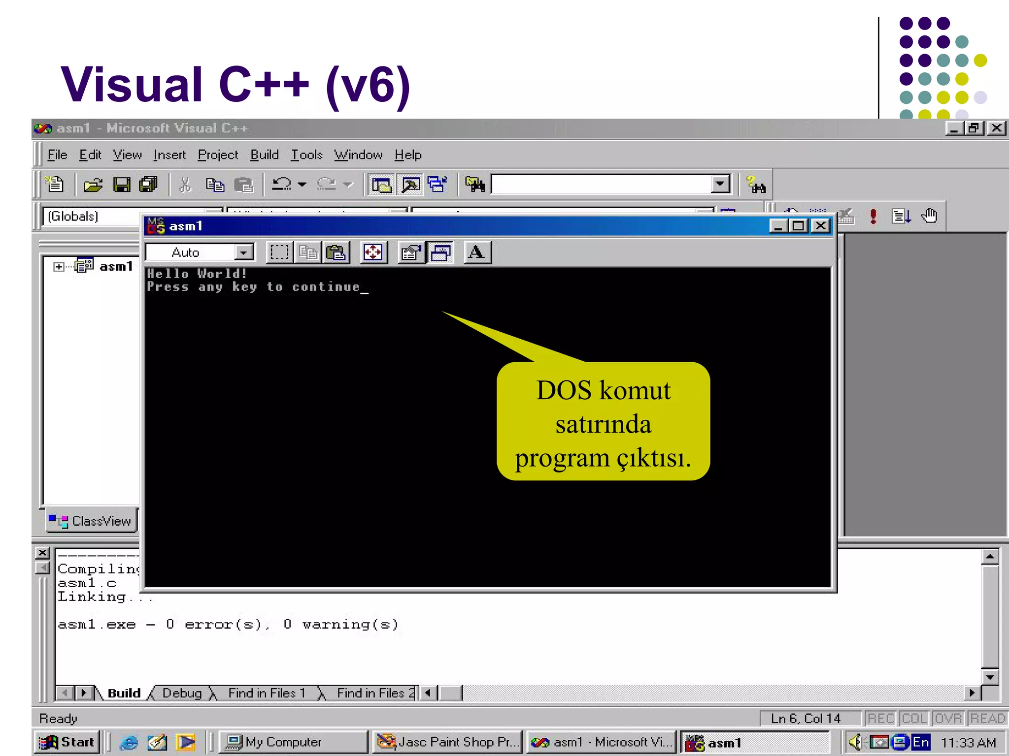 C dili ile programlama Öğr. Gör. Serkan KORKMAZ 26
Visual C++ (v6)
DOS komut
satırında
program çıktısı.
 