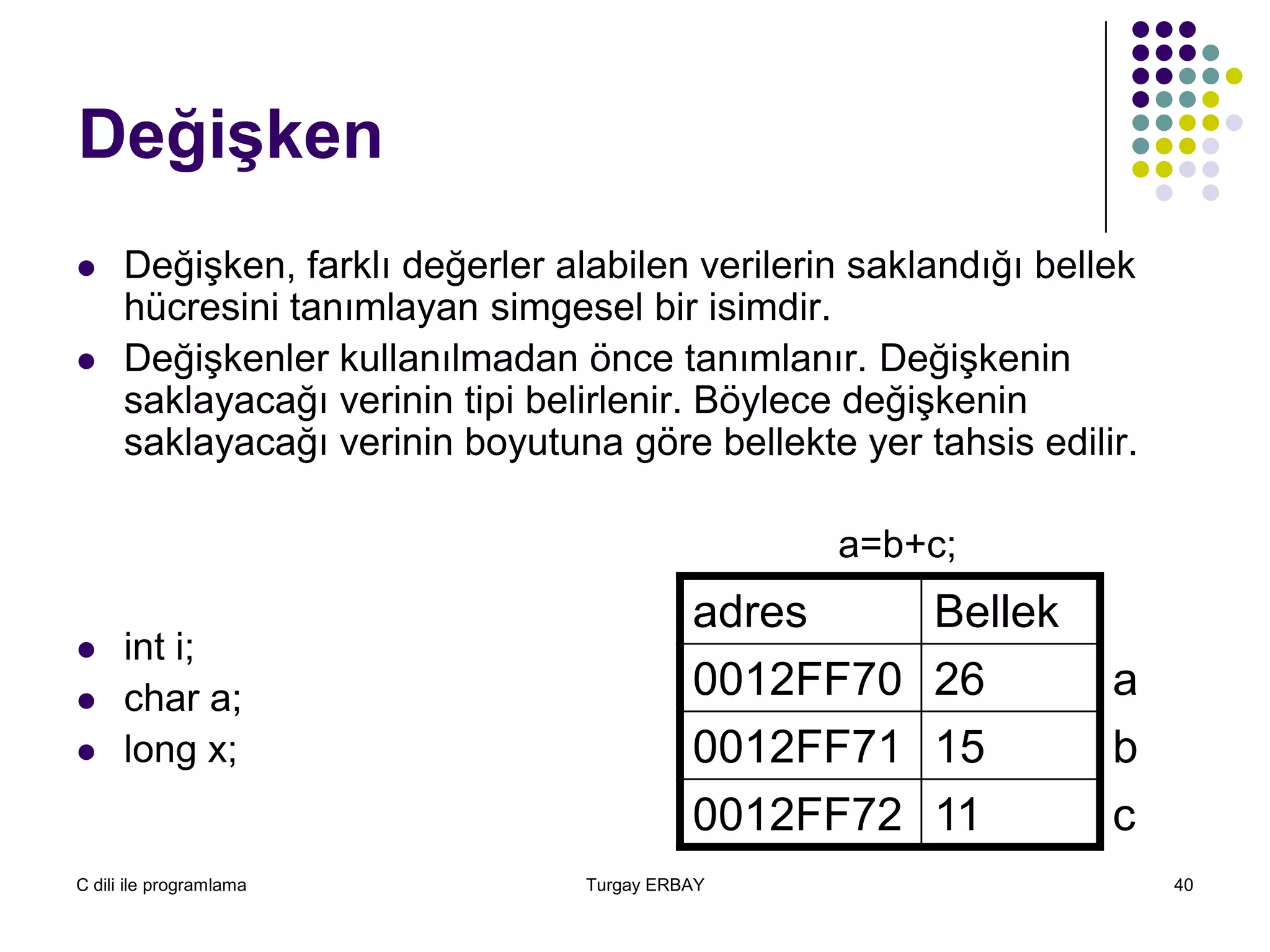 C dili ile programlama Turgay ERBAY 40
Değişken
 Değişken, farklı değerler alabilen verilerin saklandığı bellek
hücresini tanımlayan simgesel bir isimdir.
 Değişkenler kullanılmadan önce tanımlanır. Değişkenin
saklayacağı verinin tipi belirlenir. Böylece değişkenin
saklayacağı verinin boyutuna göre bellekte yer tahsis edilir.
a=b+c;
 int i;
 char a;
 long x;
adres Bellek
0012FF70 26 a
0012FF71 15 b
0012FF72 11 c
 