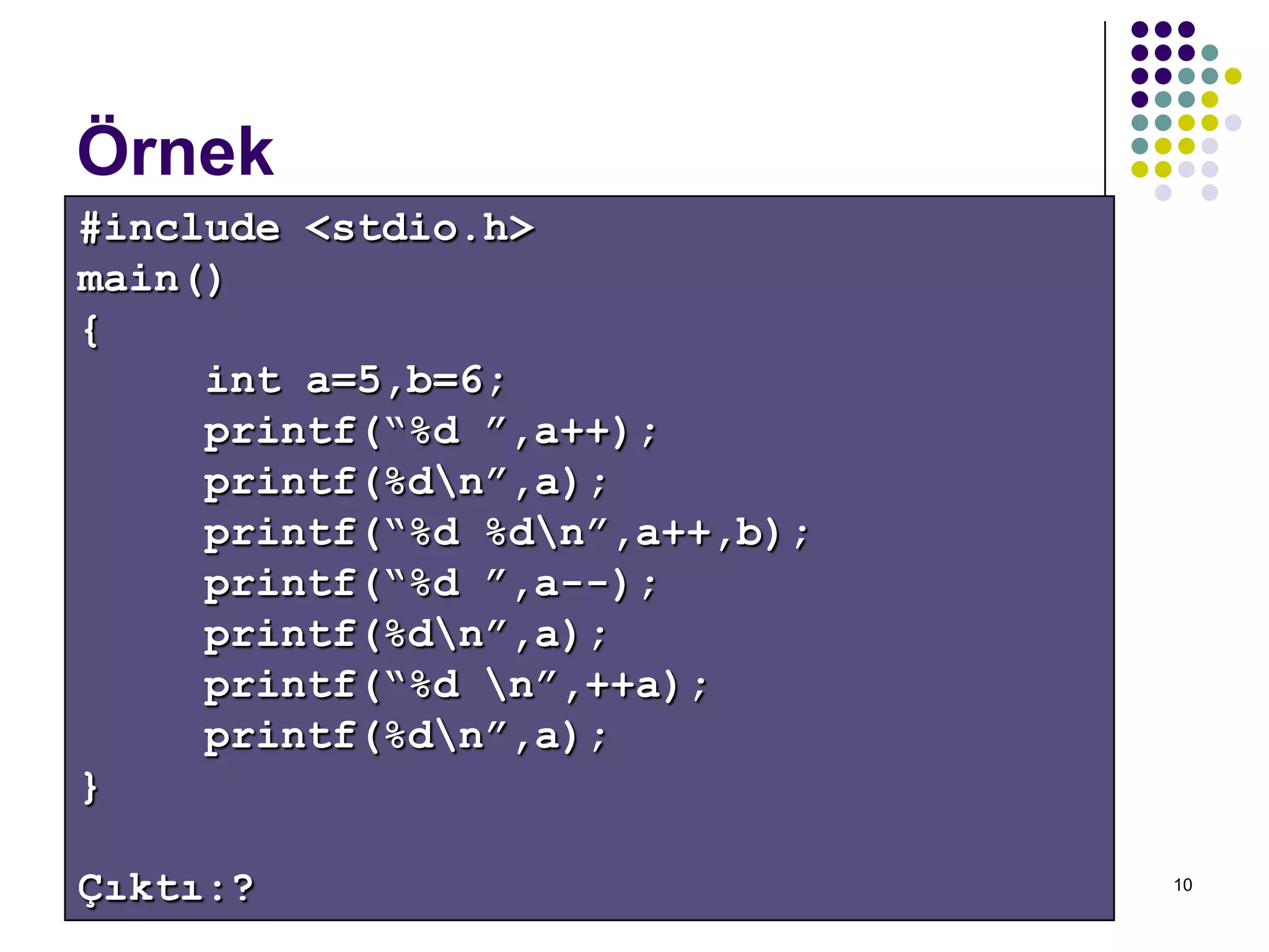 C dili ile programlama Turgay ERBAY 10
Örnek
#include <stdio.h>
main()
{
int a=5,b=6;
printf(“%d ”,a++);
printf(%dn”,a);
printf(“%d %dn”,a++,b);
printf(“%d ”,a--);
printf(%dn”,a);
printf(“%d n”,++a);
printf(%dn”,a);
}
Çıktı:?
 