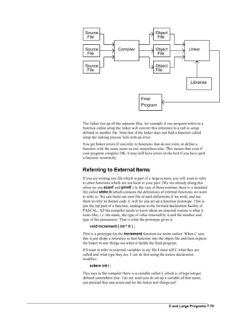 C and Large Programs ? 75
Source
File
Source
File
Source
File
Compiler
Object
File
Object
File
Object
File
Linker
Libraries
Final
Program
The linker ties up all the separate files, for example if one program refers to a
function called setup the linker will convert this reference to a call to setup
defined in another file. Note that if the linker does not find a function called
setup the linking process fails with an error.
You get linker errors if you refer to functions that do not exist, or define a
function with the same name as one somewhere else. This means that even if
your program compiles OK, it may still have errors in the text if you have spelt
a function incorrectly.
Referring to External Items
If you are writing one file which is part of a large system, you will want to refer
to other functions which are not local to your part. (We are already doing this
when we use scanf and printf.) In the case of these routines there is a standard
file called stdio.h which contains the definitions of external functions we want
to refer to. We can build our own file of such definitions if we wish, and use
them to refer to distant code. C will let you set up a function prototype. This is
just the top part of a function, analogous to the forward declaration facility of
PASCAL. All the compiler needs to know about an external routine is what it
looks like, i.e. the name, the type of value returned by it and the number and
type of the parameters. That is what the prototype gives it:
void increment ( int * it ) ;
This is a prototype for the increment function we wrote earlier. When C sees
this it just drops a reference to that function into the object file and then expects
the linker to sort things out when it builds the final program.
If I want to refer to external variables in my file I must tell C what they are
called and what type they are. I can do this using the extern declaration
modifier:
extern int i ;
This says to the compiler there is a variable called i, which is of type integer
defined somewhere else. I do not want you do set up a variable of that name,
just pretend that one exists and let the linker sort things out!
 