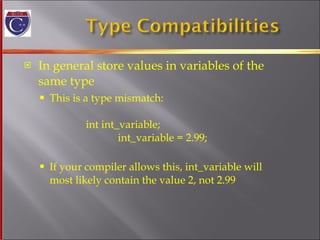 In general store values in variables of the  same type This is a type mismatch:    int int_variable;    int_variable = 2.99; If your compiler allows this, int_variable will most likely contain the value 2, not 2.99 