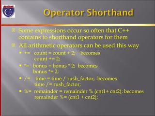 Some expressions occur so often that C++  contains to shorthand operators for them All arithmetic operators can be used this way +=  count = count + 2;  becomes   count += 2; *=  bonus = bonus * 2;  becomes   bonus *= 2; /=  time = time / rush_factor;  becomes   time /= rush_factor; %=  remainder = remainder % (cnt1+ cnt2); becomes   remainder %= (cnt1 + cnt2); 