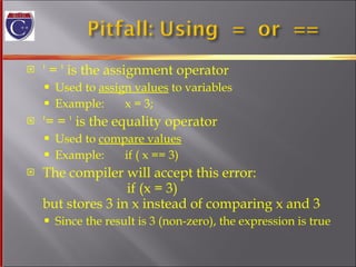 ' = ' is the assignment operator Used to  assign values  to variables Example:  x = 3; '= = ' is the equality operator Used to  compare values Example:  if ( x == 3) The compiler will accept this error:     if (x = 3) but stores 3 in x instead of comparing x and 3 Since the result is 3 (non-zero), the expression is true 