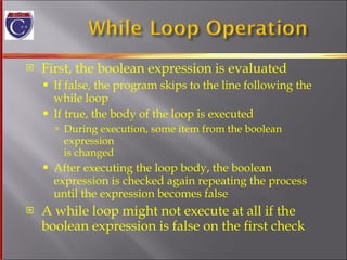 First, the boolean expression is evaluated If false, the program skips to the line following the  while loop If true, the body of the loop is executed During execution, some item from the boolean expression is changed After executing the loop body, the boolean  expression is checked again repeating the process until the expression becomes false A while loop might not execute at all if the  boolean expression is false on the first check 