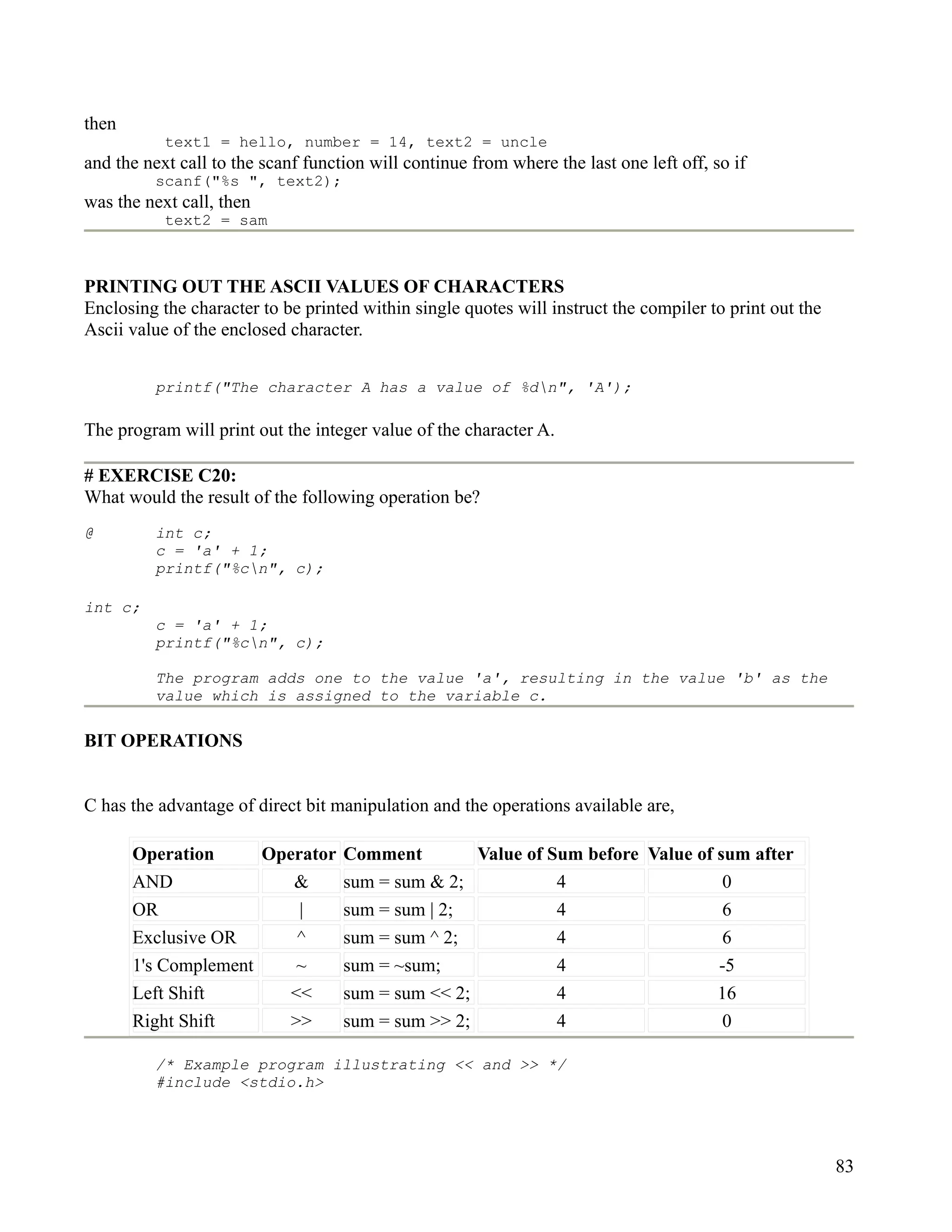 then
           text1 = hello, number = 14, text2 = uncle
and the next call to the scanf function will continue from where the last one left off, so if
          scanf("%s ", text2);
was the next call, then
           text2 = sam



PRINTING OUT THE ASCII VALUES OF CHARACTERS
Enclosing the character to be printed within single quotes will instruct the compiler to print out the
Ascii value of the enclosed character.


          printf("The character A has a value of %dn", 'A');

The program will print out the integer value of the character A.

# EXERCISE C20:
What would the result of the following operation be?
@         int c;
          c = 'a' + 1;
          printf("%cn", c);

int c;
          c = 'a' + 1;
          printf("%cn", c);

          The program adds one to the value 'a', resulting in the value 'b' as the
          value which is assigned to the variable c.

BIT OPERATIONS


C has the advantage of direct bit manipulation and the operations available are,

       Operation      Operator Comment         Value of Sum before Value of sum after
       AND               &     sum = sum & 2;            4                   0
       OR                 |    sum = sum | 2;            4                   6
       Exclusive OR       ^    sum = sum ^ 2;            4                   6
       1's Complement     ~    sum = ~sum;               4                  -5
       Left Shift        <<    sum = sum << 2;           4                  16
       Right Shift       >>    sum = sum >> 2;           4                   0

          /* Example program illustrating << and >> */
          #include <stdio.h>




                                                                                                         83
 