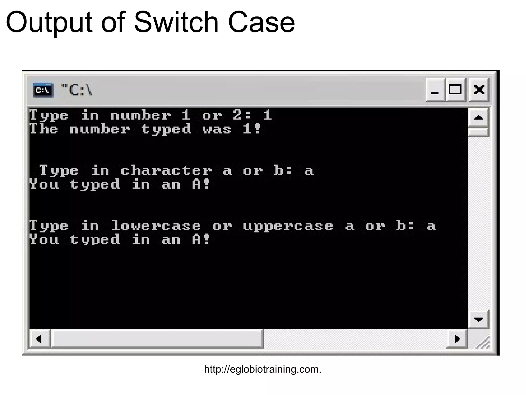Output of Switch Case




              http://eglobiotraining.com.
 