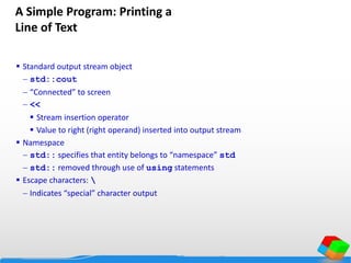 A Simple Program: Printing a
Line of Text
 Standard output stream object
 std::cout
 “Connected” to screen
 <<
 Stream insertion operator
 Value to right (right operand) inserted into output stream
 Namespace
 std:: specifies that entity belongs to “namespace” std
 std:: removed through use of using statements
 Escape characters: 
 Indicates “special” character output
 