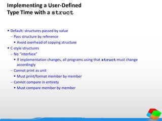 Implementing a User-Defined
Type Time with a struct
 Default: structures passed by value
 Pass structure by reference
 Avoid overhead of copying structure
 C-style structures
 No “interface”
 If implementation changes, all programs using that struct must change
accordingly
 Cannot print as unit
 Must print/format member by member
 Cannot compare in entirety
 Must compare member by member
 