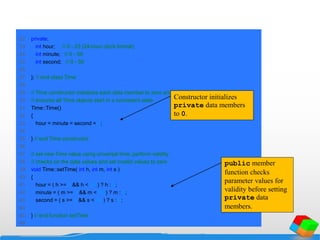 22 private:
23 int hour; // 0 - 23 (24-hour clock format)
24 int minute; // 0 - 59
25 int second; // 0 - 59
26
27 }; // end class Time
28
29 // Time constructor initializes each data member to zero and
30 // ensures all Time objects start in a consistent state
31 Time::Time()
32 {
33 hour = minute = second = 0;
34
35 } // end Time constructor
36
37 // set new Time value using universal time, perform validity
38 // checks on the data values and set invalid values to zero
39 void Time::setTime( int h, int m, int s )
40 {
41 hour = ( h >= 0 && h < 24 ) ? h : 0;
42 minute = ( m >= 0 && m < 60 ) ? m : 0;
43 second = ( s >= 0 && s < 60 ) ? s : 0;
44
45 } // end function setTime
46
Constructor initializes
private data members
to 0.
public member
function checks
parameter values for
validity before setting
private data
members.
 