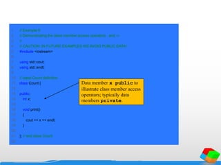 1 // Example 9
2 // Demonstrating the class member access operators . and ->
3 //
4 // CAUTION: IN FUTURE EXAMPLES WE AVOID PUBLIC DATA!
5 #include <iostream>
6
7 using std::cout;
8 using std::endl;
9
10 // class Count definition
11 class Count {
12
13 public:
14 int x;
15
16 void print()
17 {
18 cout << x << endl;
19 }
20
21 }; // end class Count
22
Data member x public to
illustrate class member access
operators; typically data
members private.
 