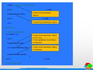 26 create(); // call function to create objects
27
28 cout << "nMAIN FUNCTION: EXECUTION RESUMES" << endl;
29
30 CreateAndDestroy fourth( 4, "(local automatic in main)" );
31
32 cout << "nMAIN FUNCTION: EXECUTION ENDS" << endl;
33
34 return 0;
35
36 } // end main
37
38 // function to create objects
39 void create( void )
40 {
41 cout << "nCREATE FUNCTION: EXECUTION BEGINS" << endl;
42
43 CreateAndDestroy fifth( 5, "(local automatic in create)" );
44
45 static CreateAndDestroy sixth(
46 6, "(local static in create)" );
47
48 CreateAndDestroy seventh(
49 7, "(local automatic in create)" );
50 cout << "nCREATE FUNCTION: EXECUTION ENDS" << endl;
52
53 } // end function create
Create local automatic
objects.
Create local automatic object.
Create local automatic object
in function.
Create static local object
in function.
Create local automatic object
in function.
 
