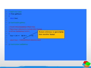 25 // return hour value
26 int Time::getHour()
27 {
28 return hour;
29
30 } // end function getHour
31
32 // POOR PROGRAMMING PRACTICE:
33 // Returning a reference to a private data member.
34 int &Time::badSetHour( int hh )
35 {
36 hour = ( hh >= 0 && hh < 24 ) ? hh : 0;
37
38 return hour; // DANGEROUS reference return
39
40 } // end function badSetHour
Return reference to private
data member hour.
 