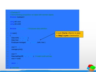 1 // Example 21
2 // Demonstrating composition--an object with member objects.
3 #include <iostream>
4
5 using std::cout;
6 using std::endl;
7
8 #include "employee1.h" // Employee class definition
9
10 int main()
11 {
12 Date birth( 7, 24, 1949 );
13 Date hire( 3, 12, 1988 );
14 Employee manager( "Bob", "Jones", birth, hire );
15
16 cout << 'n';
17 manager.print();
18
19 cout << "nTest Date constructor with invalid values:n";
20 Date lastDayOff( 14, 35, 1994 ); // invalid month and day
21 cout << endl;
22
23 return 0;
24
25 } // end main
Create Date objects to pass
to Employee constructor.
 