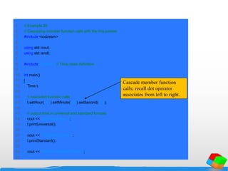 1 // Example 26
2 // Cascading member function calls with the this pointer.
3 #include <iostream>
4
5 using std::cout;
6 using std::endl;
7
8 #include "time6.h" // Time class definition
9
10 int main()
11 {
12 Time t;
13
14 // cascaded function calls
15 t.setHour( 18 ).setMinute( 30 ).setSecond( 22 );
16
17 // output time in universal and standard formats
18 cout << "Universal time: ";
19 t.printUniversal();
20
21 cout << "nStandard time: ";
22 t.printStandard();
23
24 cout << "nnNew standard time: ";
25
Cascade member function
calls; recall dot operator
associates from left to right.
 