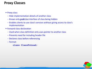 Proxy Classes
 Proxy class
 Hide implementation details of another class
 Knows only public interface of class being hidden
 Enables clients to use class’s services without giving access to class’s
implementation
 Forward class declaration
 Used when class definition only uses pointer to another class
 Prevents need for including header file
 Declares class before referencing
 Format:
class ClassToLoad;
 