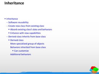 Inheritance
 Inheritance
 Software reusability
 Create new class from existing class
 Absorb existing class’s data and behaviors
 Enhance with new capabilities
 Derived class inherits from base class
 Derived class
More specialized group of objects
Behaviors inherited from base class
 Can customize
Additional behaviors
 