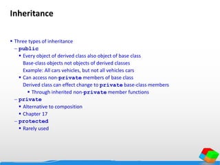 Inheritance
 Three types of inheritance
 public
 Every object of derived class also object of base class
Base-class objects not objects of derived classes
Example: All cars vehicles, but not all vehicles cars
 Can access non-private members of base class
Derived class can effect change to private base-class members
 Through inherited non-private member functions
 private
 Alternative to composition
 Chapter 17
 protected
 Rarely used
 
