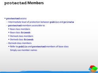 protected Members
 protected access
 Intermediate level of protection between public and private
 protected members accessible to
 Base class members
 Base class friends
 Derived class members
 Derived class friends
 Derived-class members
 Refer to public and protected members of base class
Simply use member names
 