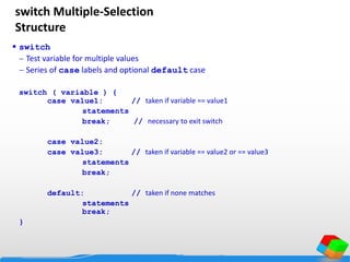 switch Multiple-Selection
Structure
 switch
 Test variable for multiple values
 Series of case labels and optional default case
switch ( variable ) {
case value1: // taken if variable == value1
statements
break; // necessary to exit switch
case value2:
case value3: // taken if variable == value2 or == value3
statements
break;
default: // taken if none matches
statements
break;
}
 
