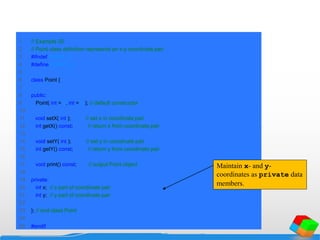 1 // Example 35
2 // Point class definition represents an x-y coordinate pair.
3 #ifndef POINT_H
4 #define POINT_H
5
6 class Point {
7
8 public:
9 Point( int = 0, int = 0 ); // default constructor
10
11 void setX( int ); // set x in coordinate pair
12 int getX() const; // return x from coordinate pair
13
14 void setY( int ); // set y in coordinate pair
15 int getY() const; // return y from coordinate pair
16
17 void print() const; // output Point object
18
19 private:
20 int x; // x part of coordinate pair
21 int y; // y part of coordinate pair
22
23 }; // end class Point
24
25 #endif
Maintain x- and y-
coordinates as private data
members.
 