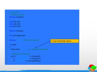 1 // Example 42
2 // Testing class Circle.
3 #include <iostream>
4
5 using std::cout;
6 using std::endl;
7 using std::fixed;
8
9 #include <iomanip>
10
11 using std::setprecision;
12
13 #include "circle.h" // Circle class definition
14
15 int main()
16 {
17 Circle circle( 37, 43, 2.5 ); // instantiate Circle object
18
19 // display point coordinates
20 cout << "X coordinate is " << circle.getX()
21 << "nY coordinate is " << circle.getY()
22 << "nRadius is " << circle.getRadius();
23
Create Circle object.
 