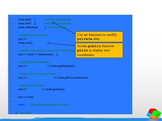 24 circle.setX( 2 ); // set new x-coordinate
25 circle.setY( 2 ); // set new y-coordinate
26 circle.setRadius( 4.25 ); // set new radius
27
28 // display new point value
29 cout << "nnThe new location and radius of circle aren";
30 circle.print();
31
32 // display floating-point values with 2 digits of precision
33 cout << fixed << setprecision( 2 );
34
35 // display Circle's diameter
36 cout << "nDiameter is " << circle.getDiameter();
37
38 // display Circle's circumference
39 cout << "nCircumference is " << circle.getCircumference();
40
41 // display Circle's area
42 cout << "nArea is " << circle.getArea();
43
44 cout << endl;
45
46 return 0; // indicates successful termination
47
48 } // end main
Use set functions to modify
private data.
Invoke public function
print to display new
coordinates.
 