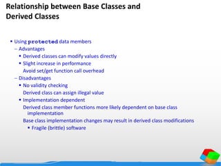 Relationship between Base Classes and
Derived Classes
 Using protected data members
 Advantages
 Derived classes can modify values directly
 Slight increase in performance
Avoid set/get function call overhead
 Disadvantages
 No validity checking
Derived class can assign illegal value
 Implementation dependent
Derived class member functions more likely dependent on base class
implementation
Base class implementation changes may result in derived class modifications
 Fragile (brittle) software
 