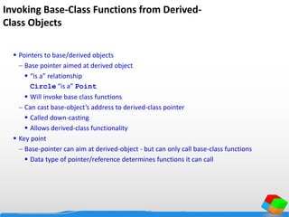 Invoking Base-Class Functions from Derived-
Class Objects
 Pointers to base/derived objects
 Base pointer aimed at derived object
 “is a” relationship
Circle “is a” Point
 Will invoke base class functions
 Can cast base-object’s address to derived-class pointer
 Called down-casting
 Allows derived-class functionality
 Key point
 Base-pointer can aim at derived-object - but can only call base-class functions
 Data type of pointer/reference determines functions it can call
 