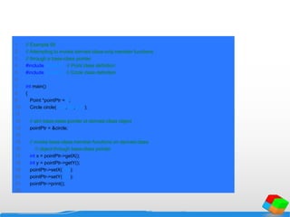 1 // Example 58
2 // Attempting to invoke derived-class-only member functions
3 // through a base-class pointer.
4 #include "point.h" // Point class definition
5 #include "circle.h" // Circle class definition
6
7 int main()
8 {
9 Point *pointPtr = 0;
10 Circle circle( 120, 89, 2.7 );
11
12 // aim base-class pointer at derived-class object
13 pointPtr = &circle;
14
15 // invoke base-class member functions on derived-class
16 // object through base-class pointer
17 int x = pointPtr->getX();
18 int y = pointPtr->getY();
19 pointPtr->setX( 10 );
20 pointPtr->setY( 10 );
21 pointPtr->print();
22
 