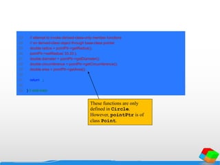 23 // attempt to invoke derived-class-only member functions
24 // on derived-class object through base-class pointer
25 double radius = pointPtr->getRadius();
26 pointPtr->setRadius( 33.33 );
27 double diameter = pointPtr->getDiameter();
28 double circumference = pointPtr->getCircumference();
29 double area = pointPtr->getArea();
30
31 return 0;
32
33 } // end main
These functions are only
defined in Circle.
However, pointPtr is of
class Point.
 