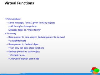 Virtual Functions
 Polymorphism
 Same message, “print”, given to many objects
 All through a base pointer
 Message takes on “many forms”
 Summary
 Base-pointer to base-object, derived-pointer to derived
 Straightforward
 Base-pointer to derived object
 Can only call base-class functions
 Derived-pointer to base-object
 Compiler error
 Allowed if explicit cast made
 