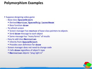 Polymorphism Examples
 Suppose designing video game
 Base class SpaceObject
 Derived Martian, SpaceShip, LaserBeam
 Base function draw
 To refresh screen
 Screen manager has vector of base-class pointers to objects
 Send draw message to each object
 Same message has “many forms” of results
 Easy to add class Mercurian
 Inherits from SpaceObject
 Provides own definition for draw
 Screen manager does not need to change code
 Calls draw regardless of object’s type
 Mercurian objects “plug right in”
 