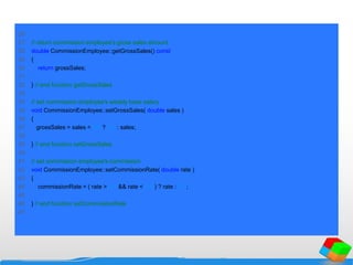 26
27 // return commission employee's gross sales amount
28 double CommissionEmployee::getGrossSales() const
29 {
30 return grossSales;
31
32 } // end function getGrossSales
33
34 // set commission employee's weekly base salary
35 void CommissionEmployee::setGrossSales( double sales )
36 {
37 grossSales = sales < 0.0 ? 0.0 : sales;
38
39 } // end function setGrossSales
40
41 // set commission employee's commission
42 void CommissionEmployee::setCommissionRate( double rate )
43 {
44 commissionRate = ( rate > 0.0 && rate < 1.0 ) ? rate : 0.0;
45
46 } // end function setCommissionRate
47
 