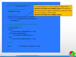 43 // generically process each element in vector employees
44 for ( int i = 0; i < employees.size(); i++ ) {
45
46 // output employee information
47 employees[ i ]->print();
48
49 // downcast pointer
50 BasePlusCommissionEmployee *commissionPtr =
51 dynamic_cast < BasePlusCommissionEmployee * >
52 ( employees[ i ] );
53
54 // determine whether element points to base-salaried
55 // commission employee
56 if ( commissionPtr != 0 ) {
57 cout << "old base salary: $"
58 << commissionPtr->getBaseSalary() << endl;
59 commissionPtr->setBaseSalary(
60 1.10 * commissionPtr->getBaseSalary() );
61 cout << "new base salary with 10% increase is: $"
62 << commissionPtr->getBaseSalary() << endl;
63
64 } // end if
65
66 cout << "earned $" << employees[ i ]->earnings() << endl;
67
68 } // end for
69
Use downcasting to cast the employee object into a
BasePlusCommissionEmployee. If it points to
the correct type of object, the pointer is non-zero. This
way, we can give a raise to only
BasePlusCommissionEmployees.
 