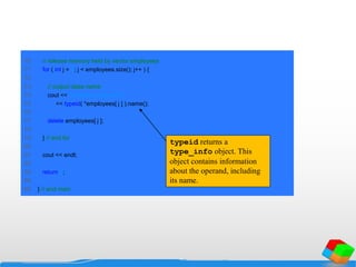 70 // release memory held by vector employees
71 for ( int j = 0; j < employees.size(); j++ ) {
72
73 // output class name
74 cout << "ndeleting object of "
75 << typeid( *employees[ j ] ).name();
76
77 delete employees[ j ];
78
79 } // end for
80
81 cout << endl;
82
83 return 0;
84
85 } // end main
typeid returns a
type_info object. This
object contains information
about the operand, including
its name.
 