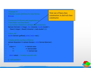 1 // Example 75
2 // Member function definitions for class Derived
3 #include "derived.h"
4
5 // constructor for Derived calls constructors for
6 // class Base1 and class Base2.
7 // use member initializers to call base-class constructors
8 Derived::Derived( int integer, char character, double double1 )
9 : Base1( integer ), Base2( character ), real( double1 ) { }
10
11 // return real
12 double Derived::getReal() const { return real; }
13
14 // display all data members of Derived
15 ostream &operator<<( ostream &output, const Derived &derived )
16 {
17 output << " Integer: " << derived.value
18 << "n Character: " << derived.letter
19 << "nReal number: " << derived.real;
20
21 return output; // enables cascaded calls
22
23 } // end operator<<
Note use of base-class
constructors in derived class
constructor.
 
