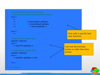 25 // print data members of derived-class object
26 // scope resolution operator resolves getData ambiguity
27 cout << "Data members of Derived can be"
28 << " accessed individually:"
29 << "n Integer: " << derived.Base1::getData()
30 << "n Character: " << derived.Base2::getData()
31 << "nReal number: " << derived.getReal() << "nn";
32
33 cout << "Derived can be treated as an "
34 << "object of either base class:n";
35
36 // treat Derived as a Base1 object
37 base1Ptr = &derived;
38 cout << "base1Ptr->getData() yields "
39 << base1Ptr->getData() << 'n';
40
41 // treat Derived as a Base2 object
42 base2Ptr = &derived;
43 cout << "base2Ptr->getData() yields "
44 << base2Ptr->getData() << endl;
45
46 return 0;
47
48 } // end main
Note calls to specific base
class functions.
Can treat derived-class
pointer as either base-class
pointer.
 