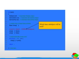 43 int main()
44 {
45 Multiple both; // instantiate Multiple object
46 DerivedOne one; // instantiate DerivedOne object
47 DerivedTwo two; // instantiate DerivedTwo object
48
49 // create array of base-class pointers
50 Base *array[ 3 ];
51
52 array[ 0 ] = &both; // ERROR--ambiguous
53 array[ 1 ] = &one;
54 array[ 2 ] = &two;
55
56 // polymorphically invoke print
57 for ( int i = 0; i < 3; i++ )
58 array[ i ] -> print();
59
60 return 0;
61
62 } // end main
Which base subobject will be
used?
 
