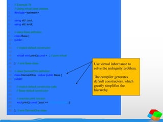 1 // Example 78
2 // Using virtual base classes.
3 #include <iostream>
4
5 using std::cout;
6 using std::endl;
7
8 // class Base definition
9 class Base {
10 public:
11
12 // implicit default constructor
13
14 virtual void print() const = 0; // pure virtual
15
16 }; // end Base class
17
18 // class DerivedOne definition
19 class DerivedOne : virtual public Base {
20 public:
21
22 // implicit default constructor calls
23 // Base default constructor
24
25 // override print function
26 void print() const { cout << "DerivedOnen"; }
27
28 }; // end DerivedOne class
Use virtual inheritance to
solve the ambiguity problem.
The compiler generates
default constructors, which
greatly simplifies the
hierarchy.
 