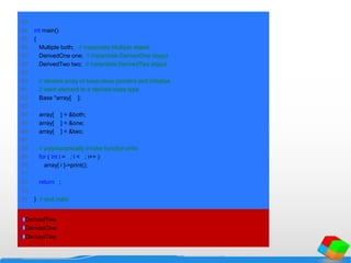 53
54 int main()
55 {
56 Multiple both; // instantiate Multiple object
57 DerivedOne one; // instantiate DerivedOne object
58 DerivedTwo two; // instantiate DerivedTwo object
59
60 // declare array of base-class pointers and initialize
61 // each element to a derived-class type
62 Base *array[ 3 ];
63
64 array[ 0 ] = &both;
65 array[ 1 ] = &one;
66 array[ 2 ] = &two;
67
68 // polymorphically invoke function print
69 for ( int i = 0; i < 3; i++ )
70 array[ i ]->print();
71
72 return 0;
73
74 } // end main
DerivedTwo
DerivedOne
DerivedTwo
 