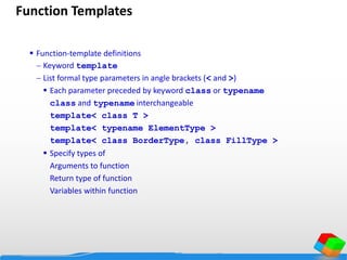 Function Templates
 Function-template definitions
 Keyword template
 List formal type parameters in angle brackets (< and >)
 Each parameter preceded by keyword class or typename
class and typename interchangeable
template< class T >
template< typename ElementType >
template< class BorderType, class FillType >
 Specify types of
Arguments to function
Return type of function
Variables within function
 